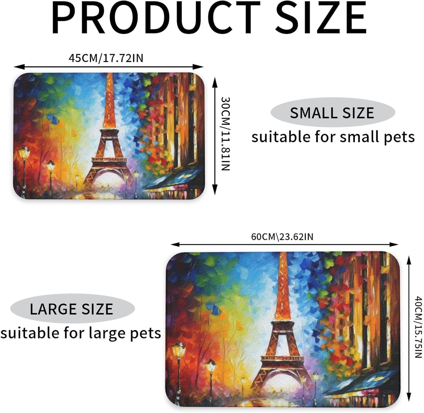 Paris Eiffel Tower Painting Pet Feeding Mat 30x45cm Absorbent Leather Dog Cat Food Mats Non-Slip Dog Bowl Mats for Food and Water, Quick Dry Pets Placemats for Cats and Dogs Water Bowl