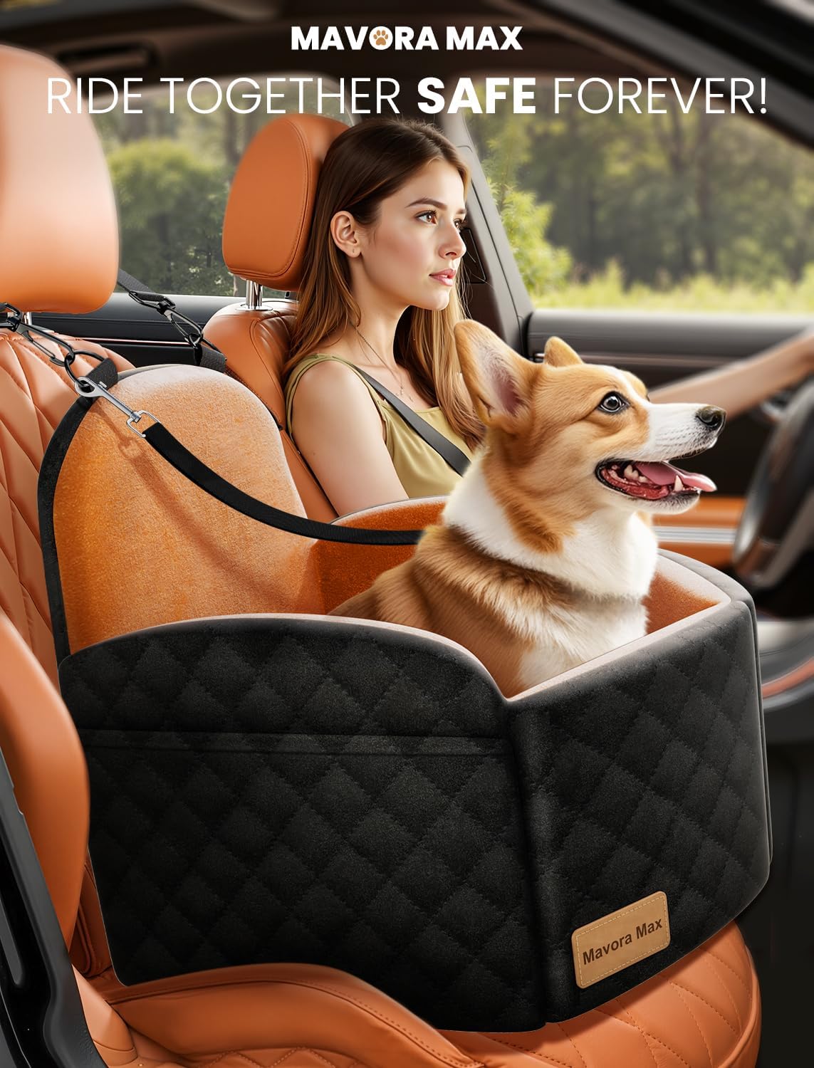 Dog Car Seat for Small/Medium Dogs, Elevated Dog Booster Seat Memory Foam Puppy Car Seat with Washable Cover, Travel Safety Pet Seat for Car with Storage Pockets Up to 35 lbs (Black/Brown)
