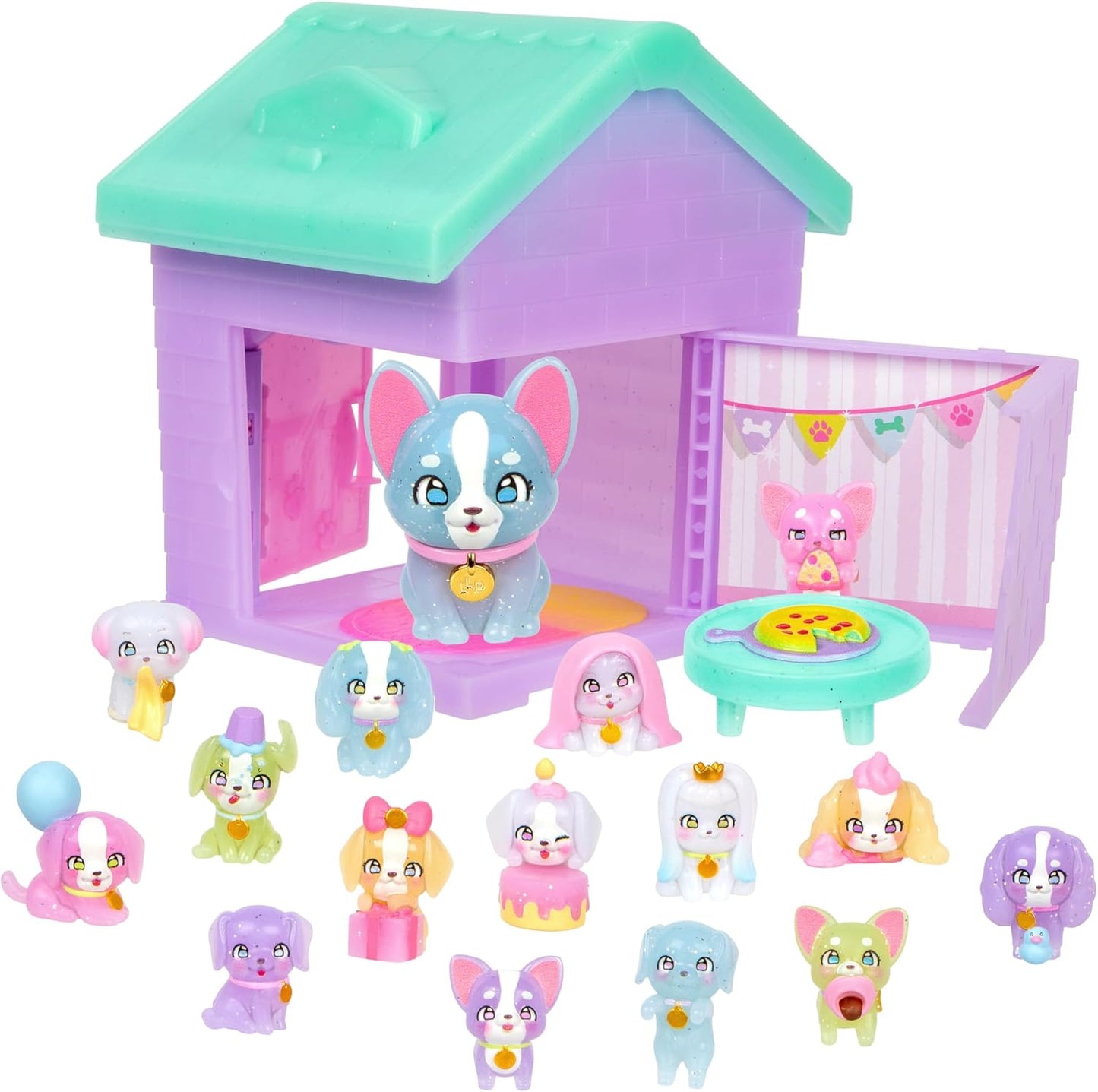 Little Live Pets Puppy House Playset, Mama Surprise Families Little Live Pets Puppy Party Pack, 15 Mini Collectible Puppies, Fold-Out Playset, Miniature Toys, Gift for Kids 5+