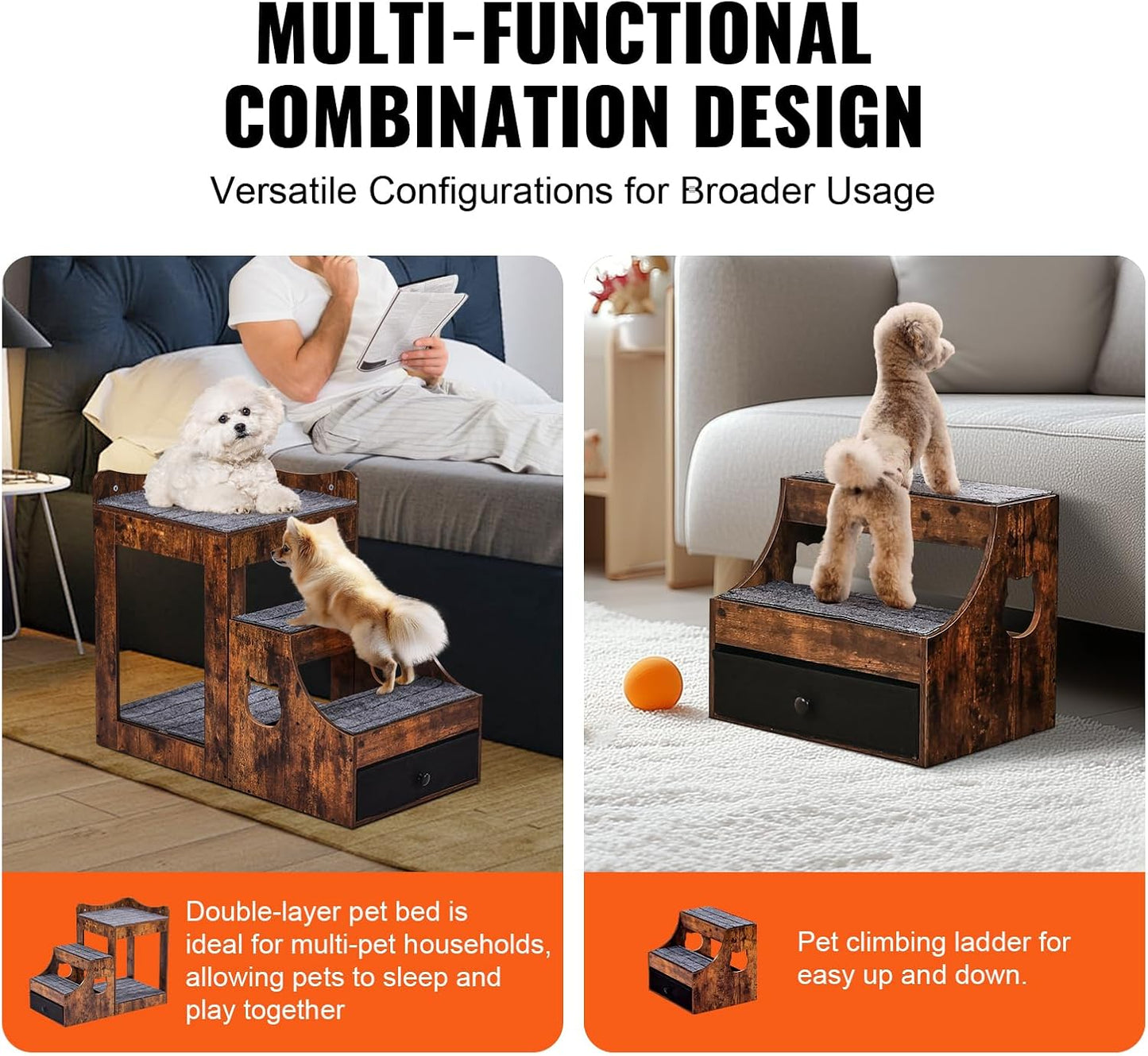 VEVOR Pet Bunk Bed with Removable Stairs, Dog/Cat Window Perch with Storage, Multi-Level Bed Window Perch Dog Bedside Sleeper Couch, Small Pet Seat Platform, Indoor Use (Rustic Brown)