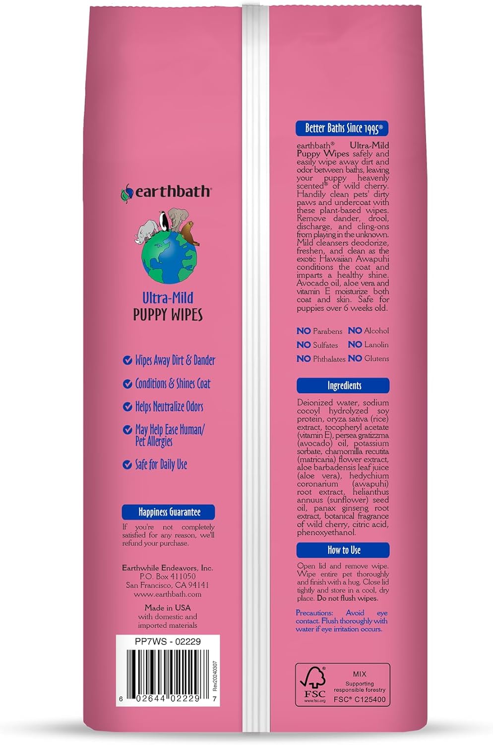 earthbath, Ultra-Mild Wild Cherry Puppy Wipes - Dog Wipes for Paws and Butt, Best Pet Wipes for Dogs & Puppies, Made in USA, Cruelty-Free Dog Cleaning Wipes - 100 Count (1 Pack)