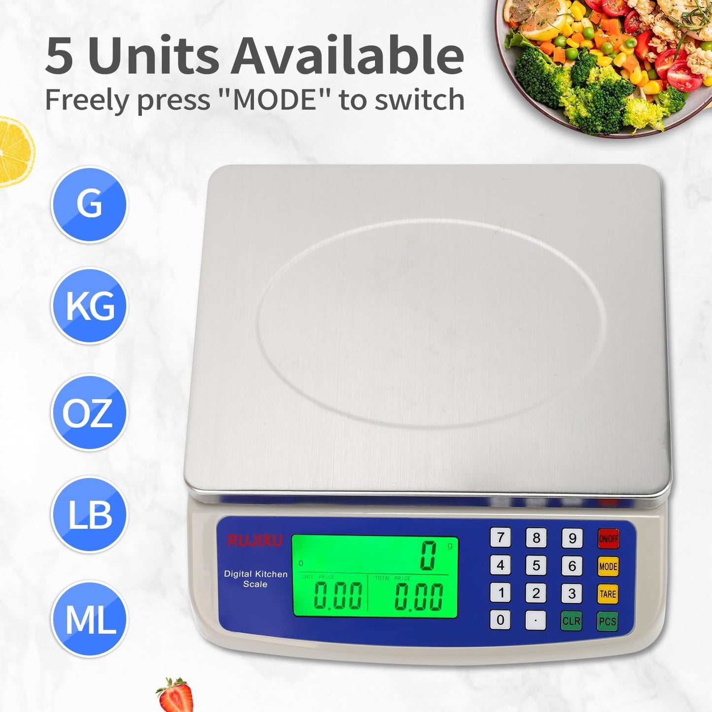 Large Digital Kitchen Scale 30KG Commercial Food Scale 66LB for Baking Bread Meat Stainless Steel Price Computing Scale LCD Display,Prep Counting Scale for Parts and Coins Adapter Included