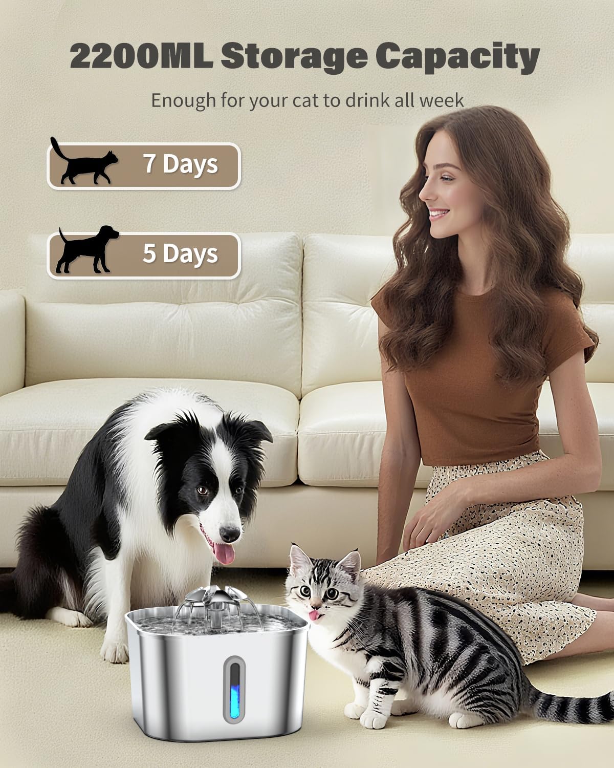 Cat Water Fountain Stainless Steel with 4 Filters & 4 Sponges, 74oz/2.2L Automatic Pet Drinking Fountain, Indoor Water Dispenser for Cats, Kittens, Small Dogs and Pets, Quiet Circulating Pet Fountain