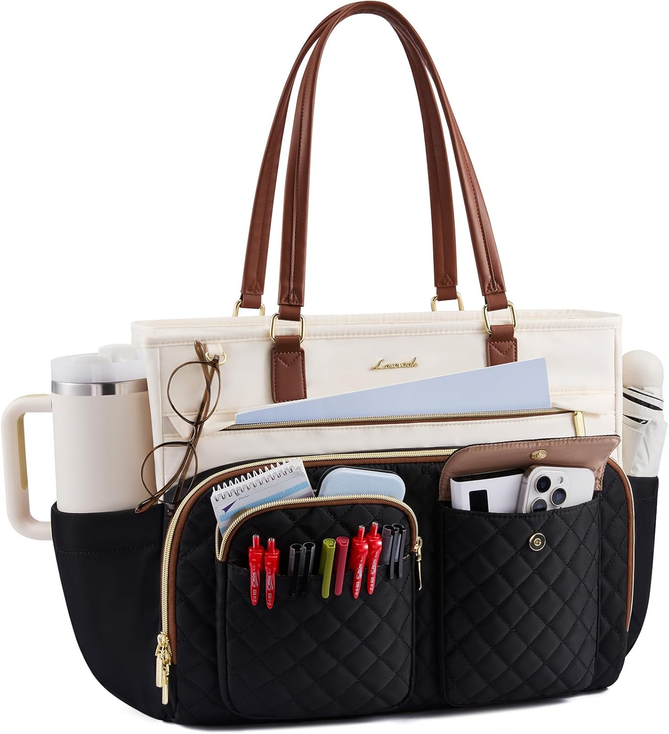 LOVEVOOK Teacher Tote Bag for Women Work, Laptop Bag with Large Cup Holder, Nurse Bag with Multi Pocket, Water-Resistant Business Travel Computer Briefcase Handbag Diaper Bag Mother Gift, 15.6 Inch