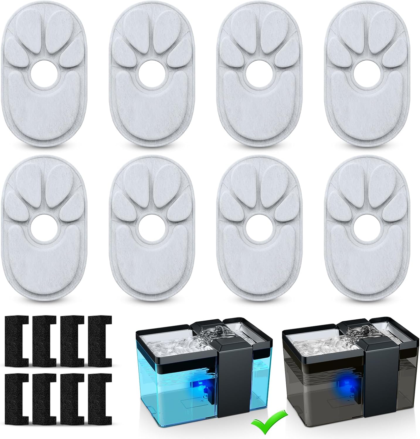 Cat Water Fountain Replacement Filters, 8-Pack Food-Grade Claw Shape Activated Carbon Filters + 8 Pre-Filter Sponges, Triple Filtration for 74oz Pet Fountain (6-8 Months Supply)