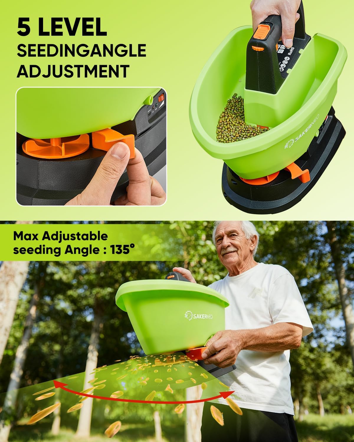 Handheld Lawn Spreader - 7.2V Battery Powered Seed & 135° Fertilizer Spreader, 3L Large Capacity for 6400 Sq.Ft, 7 Settings & 5 Angles, Rechargeable Grass Seeder for Even Lawn Care