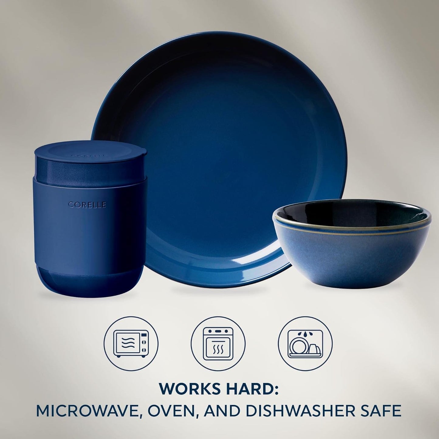 Corelle Stoneware Dinnerware Set, Handmade Reactive & Solid Glazed Ceramic Plates and Bowls, Modern Rustic Style Round Dishes, Service for 4, Navy 16 PIECE SET