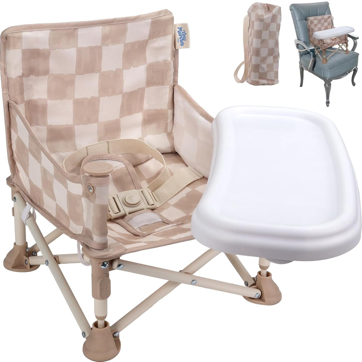 Tiny Marvels Portable 3-in-1 Baby Chair, Cozy Booster Seat, Baby Seat with Tray, Compact Foldable, Toddler Chair with Child Safety Belt Carry Bag, Perfect for Travel (Sand Checker)