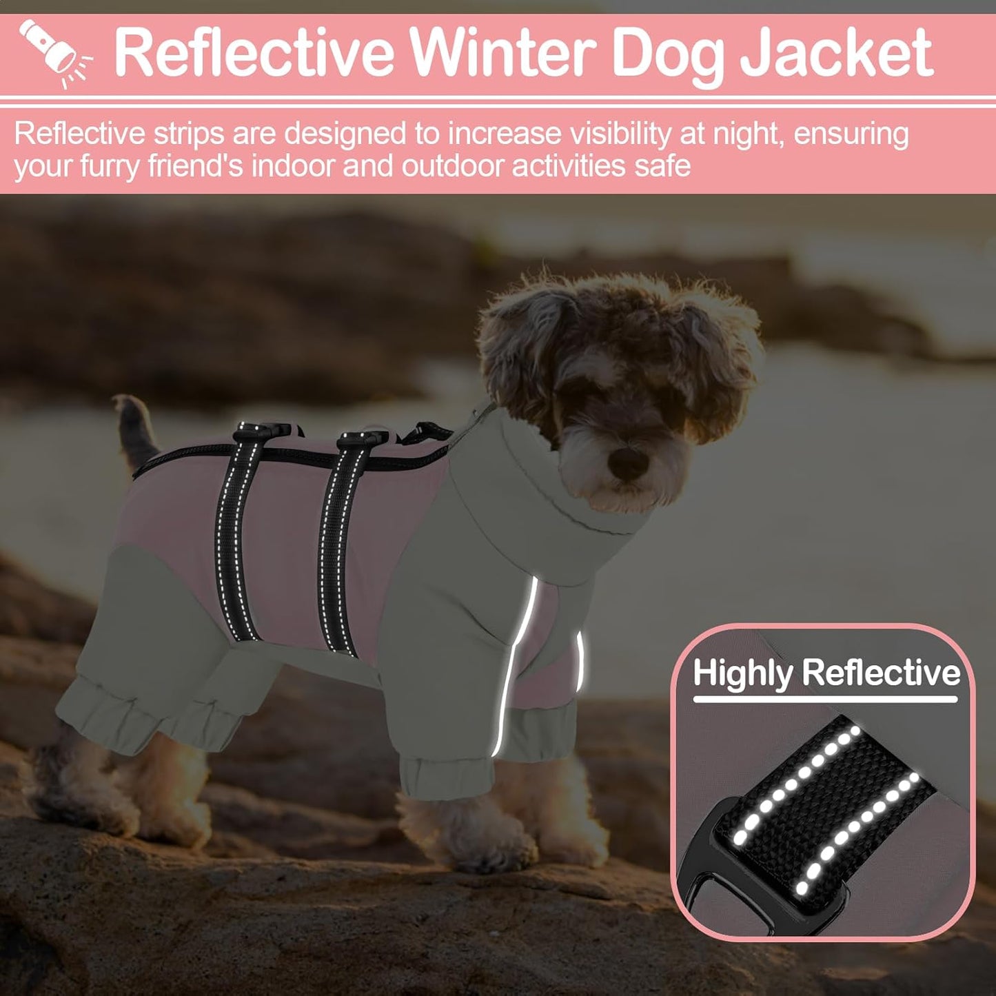 KOESON Four Legged Winter Coat, Warm Dog Jacket with Adjustable Buckles, Turtleneck Windproof Fleece Jackets, Reflective Fullbody Snowsuit Puffer Coat Pink Grey XS