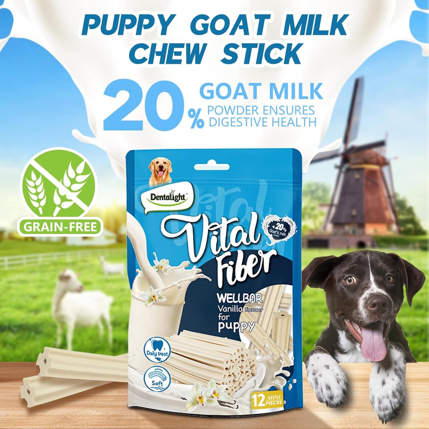 Faywell Vital Fiber Wellbar Puppy Chew Treats, Contain Goat Milk Powder, Rich in Calcium and Protein, Soft Vanilla Texture, 80g