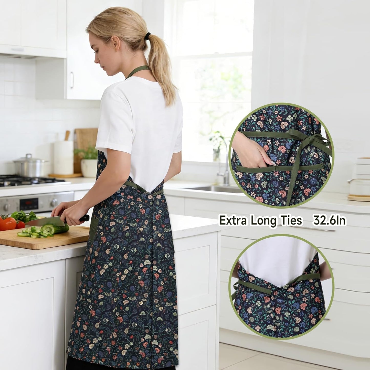 Women's Vintage Floral Kitchen Apron, Cotton Gardening Cooking Apron with Adjustable Straps & Large Pockets