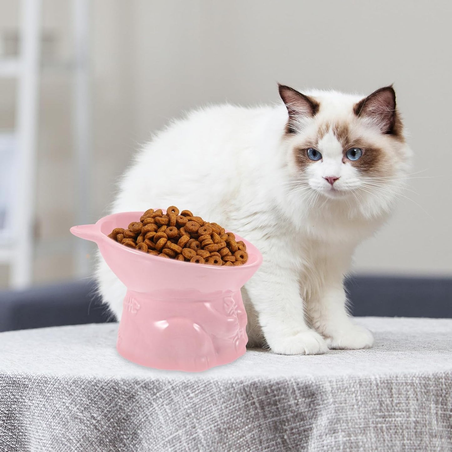 Milisten Elevated Tilted Ceramic Cat Food Bowl with Raised Stand, Fishbone Pattern Pink, Indoor Raised Feeding Dish for Cats to Protect Neck and Posture