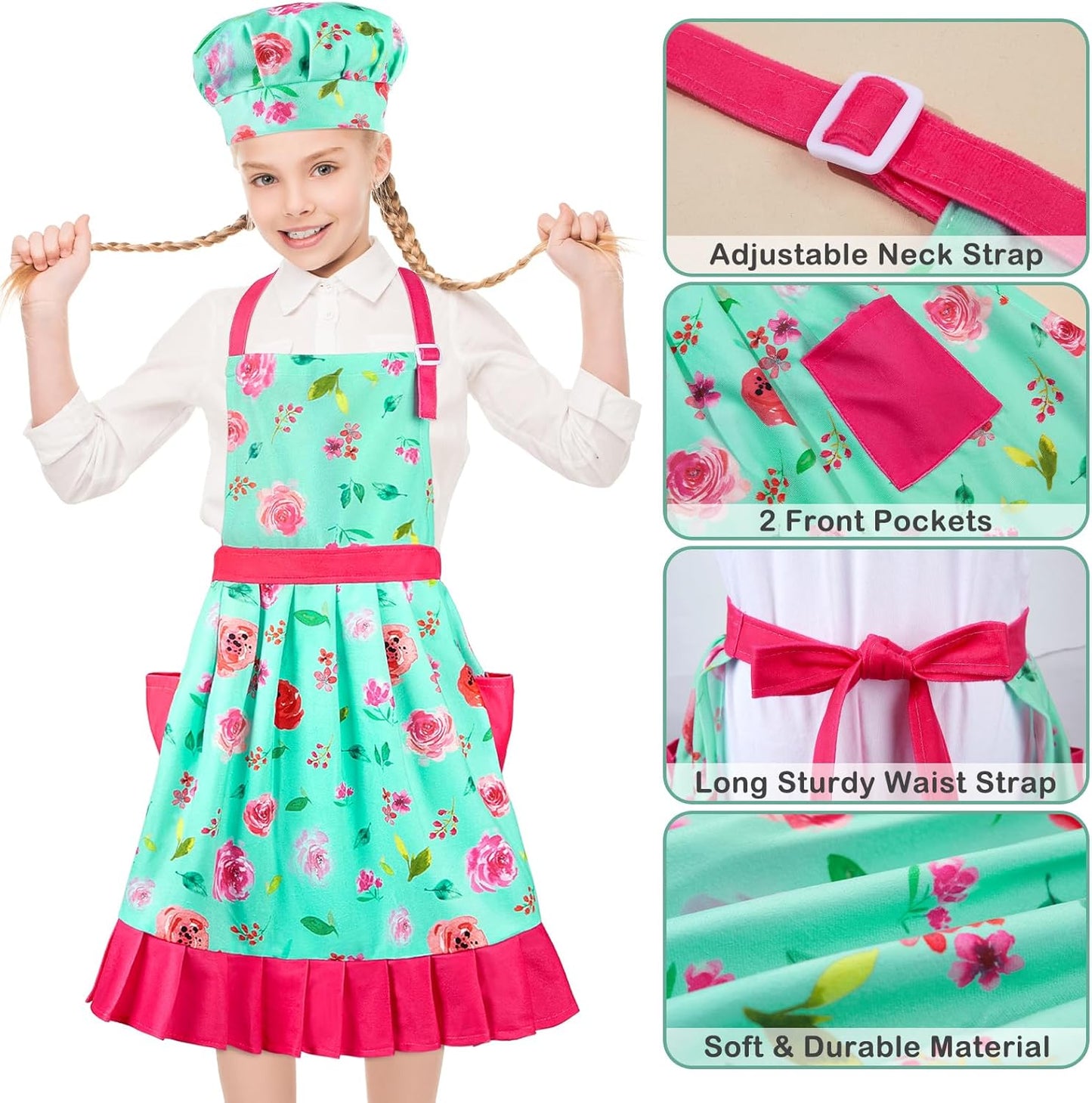MHJY Kids Apron Hat Set for Girls Vintage Pleated Skirt Aprons with Adjustable Strap Pockets for Baking Cooking 8-12 Years