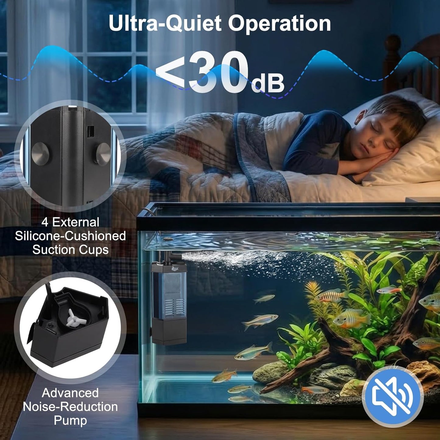 AQQA Internal Aquarium Filter - Submersible 20-40 Gallons Fish Tank Filters, Adjustable Wave Maker, Bottom Inlet Whisper Pump and Underwater Automatic Power Water Filter System for Freshwater (M)