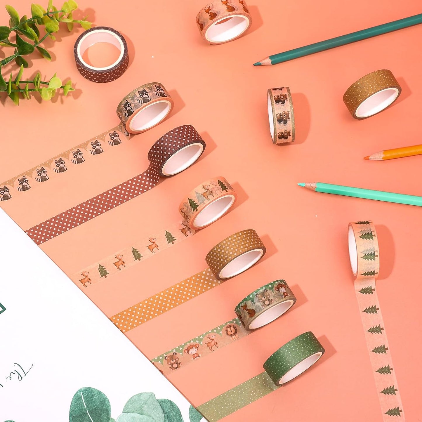 Whaline 12 Rolls Woodland Animal Washi Tape Forest Safari Creature Decorative Masking Tape Set Cute Wrapping Paper Tape for Scrapbook Journal DIY Art Crafts