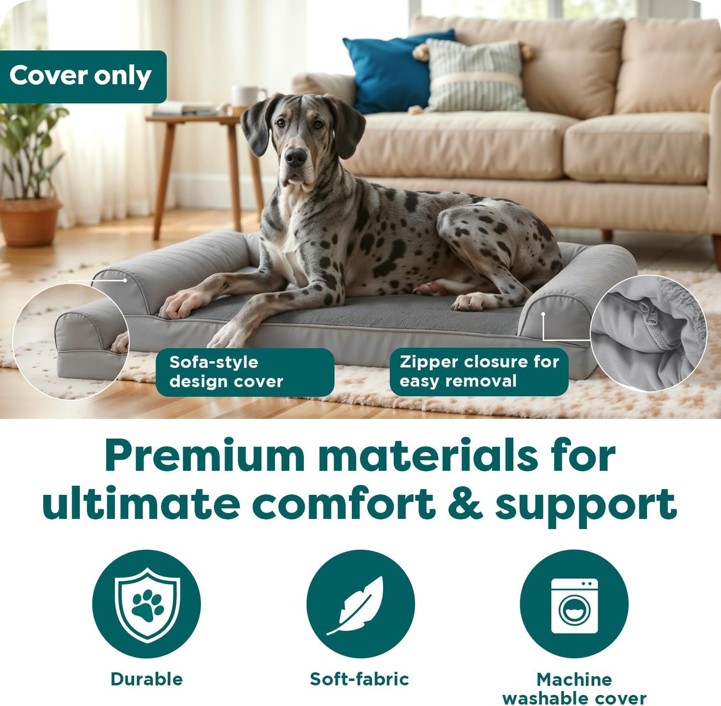 FurHaven Replacement Dog Bed Cover, Sofa-Style Design with Ultra-Plush Sleep Surface for Protecting Pet Mattresses, Zippered & Machine Washable, Jumbo Plus XXL, Plush & Suede, Gray