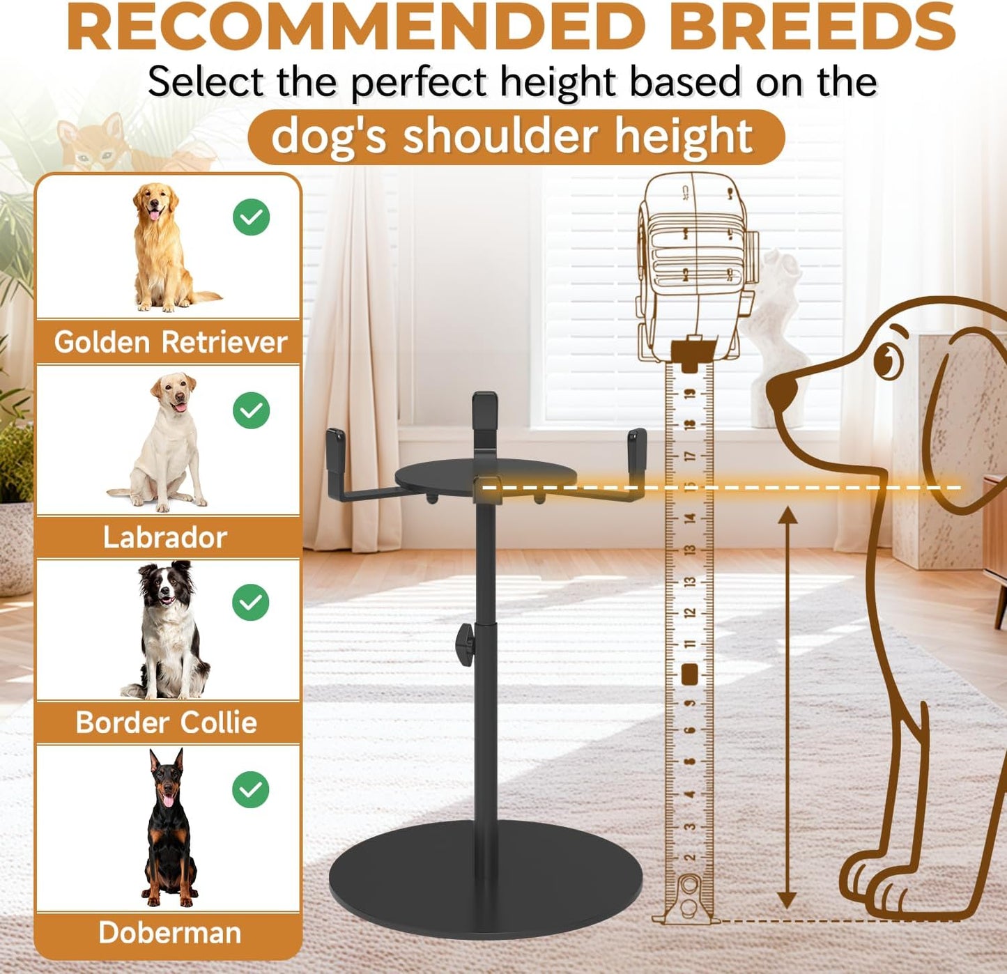 Extra-Stable Elevated Dog Bowl Stand, Adjustable Height 8-16in, Width 6-10in, Tall Single Lifted Food Holder for Large Medium Size Breeds, Metal Non-Slip Raised Dish Riser Pet Water Feeder