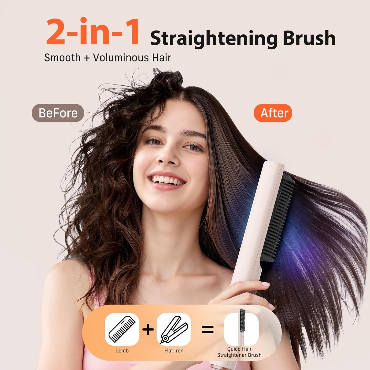 Quico Hair Straightener Brush, 100-240V Dual Voltage Ionic Straightener Brush for Women, Ceramic Travel Hair Straightener Comb, Electric Hot Comb Flat Iron, Auto Temp Lock & Auto-Off Function, Pink