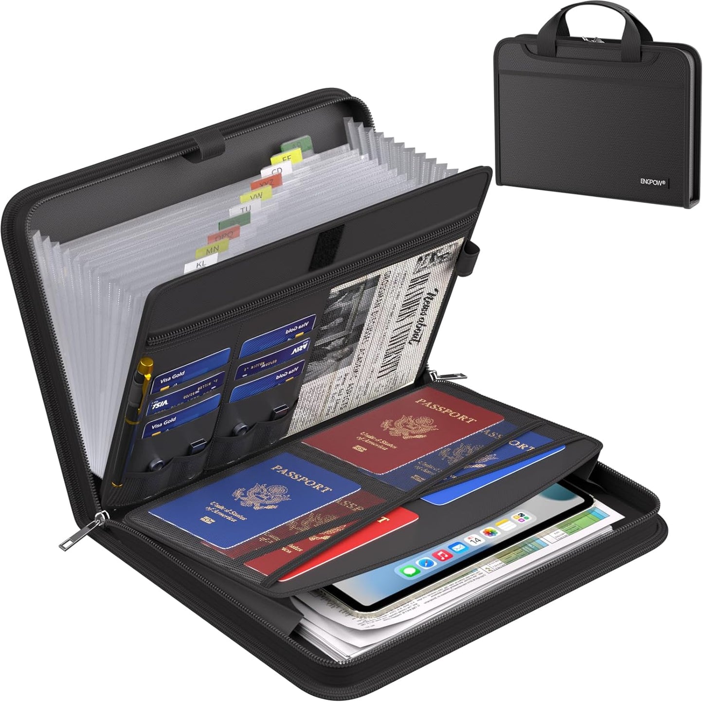 ENGPOW Accordion File Organizer, Fireproof Expanding File Folder with 13 Pockets Document Organizer with Handle & Labels, Portable Home Travel Safe Storage for Letter A4 Files and More, Black