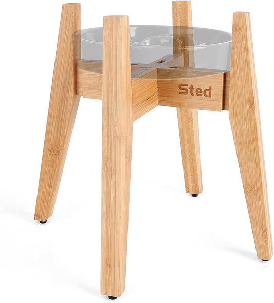 Sted Elevated Dog Bowl Stand - 100% Bamboo, Adjustable Width 7.5-11 Inches, 13" Tall, Single Raised Dog Food and Water Bowl Stand