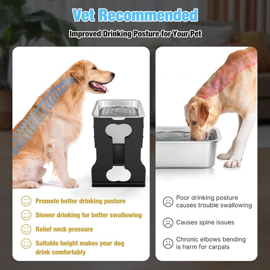 2.4 Gallon Elevated Large Dog Water Bowl,14" Raised Stainless Steel Bowl with Stand for Large Breed, Full Metal Dog Feeding Station for Relief Joint Pressure, Easy Clean for Indoor & Outdoor Uses