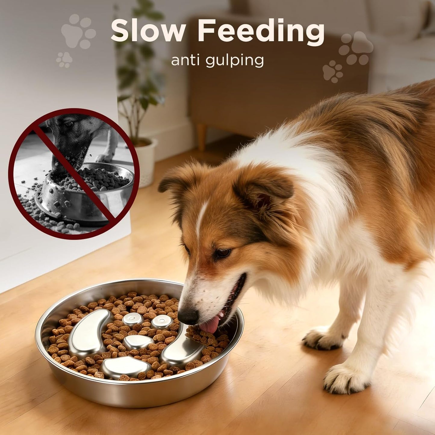 3.2L/108oz No Spill Dog Water Bowl & 4 Cups Slow Feeder Bowl Set - 304 Stainless Steel, Splash Proof Anti Slobber Stopper for Dogs, Slow Drinking & Eating Puzzle Bowl for Large Medium Small Breeds
