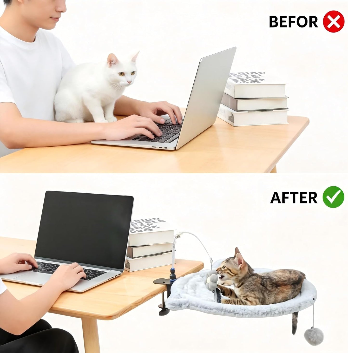 Plush Round Desk Mounted Cat Bed with Interactive Toys – Clamp-On Cat Hammock for Desk, Adjustable Elevated Cat Bed for Desk Supports up to 25 lbs.