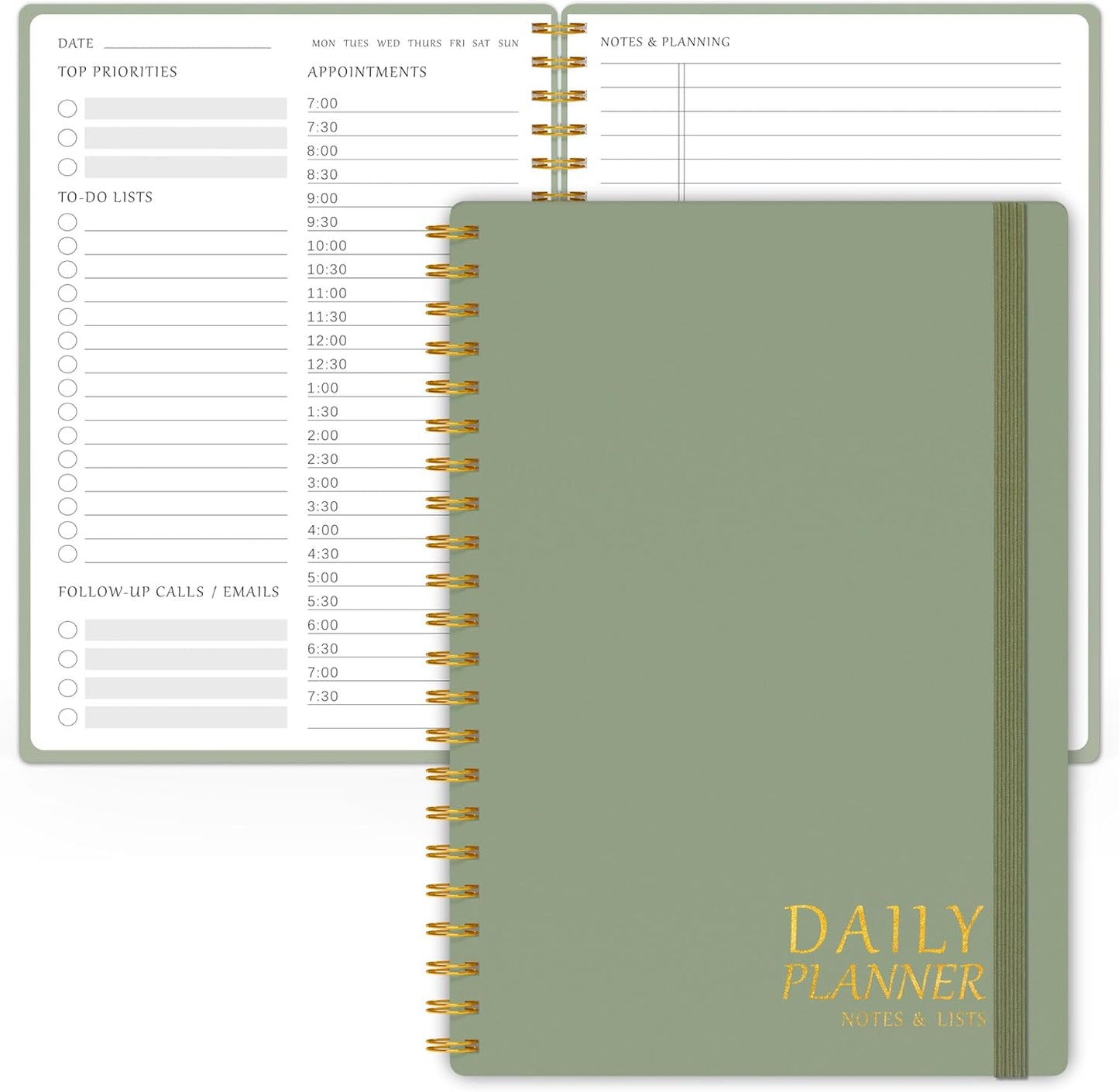 Daily Planner Undated - Simplified To Do List Notebook with Hourly Schedules, Spiral Appointment Organizer, 5.5" x 8.5", Easily Manage Your Tasks and Productivity - Green