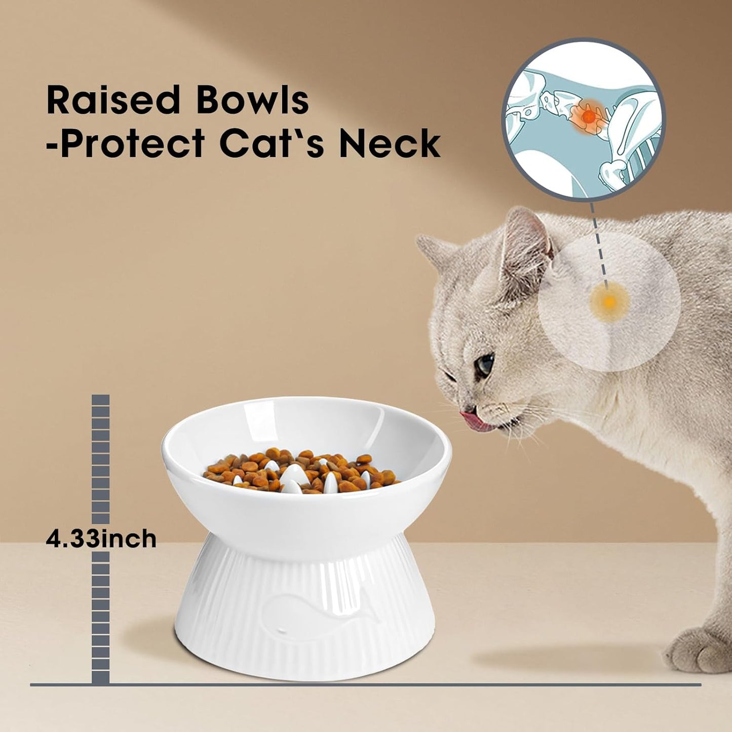 Raised Cat Slow Feeder, Ceramic Slow Feeder Cat Bowl, Upgraded Ridges to Prevent Vomiting and Indigestion, No Spill High Edge for Dry/Wet Food, Heavy and Stable, Easy to Clean Pet Bowls