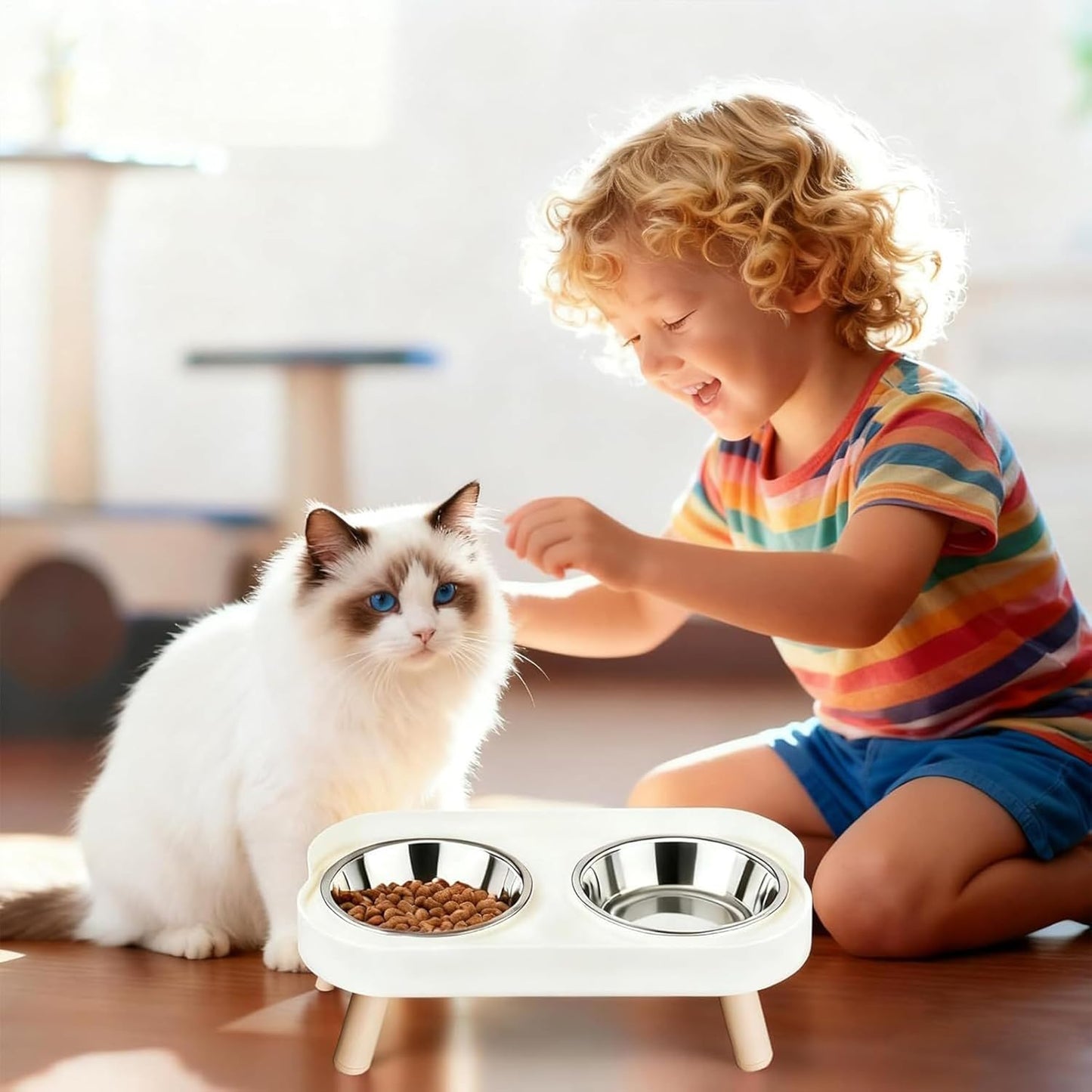 Elevated Pet Food Bowls - Stainless Steel Cat Dishes, Raised Stand with Comfortable Height, Kitten Feeding Set with Non-Slip Base, Dog Cat Dining Station, Food Bowls for Home Apartment Garden Patio