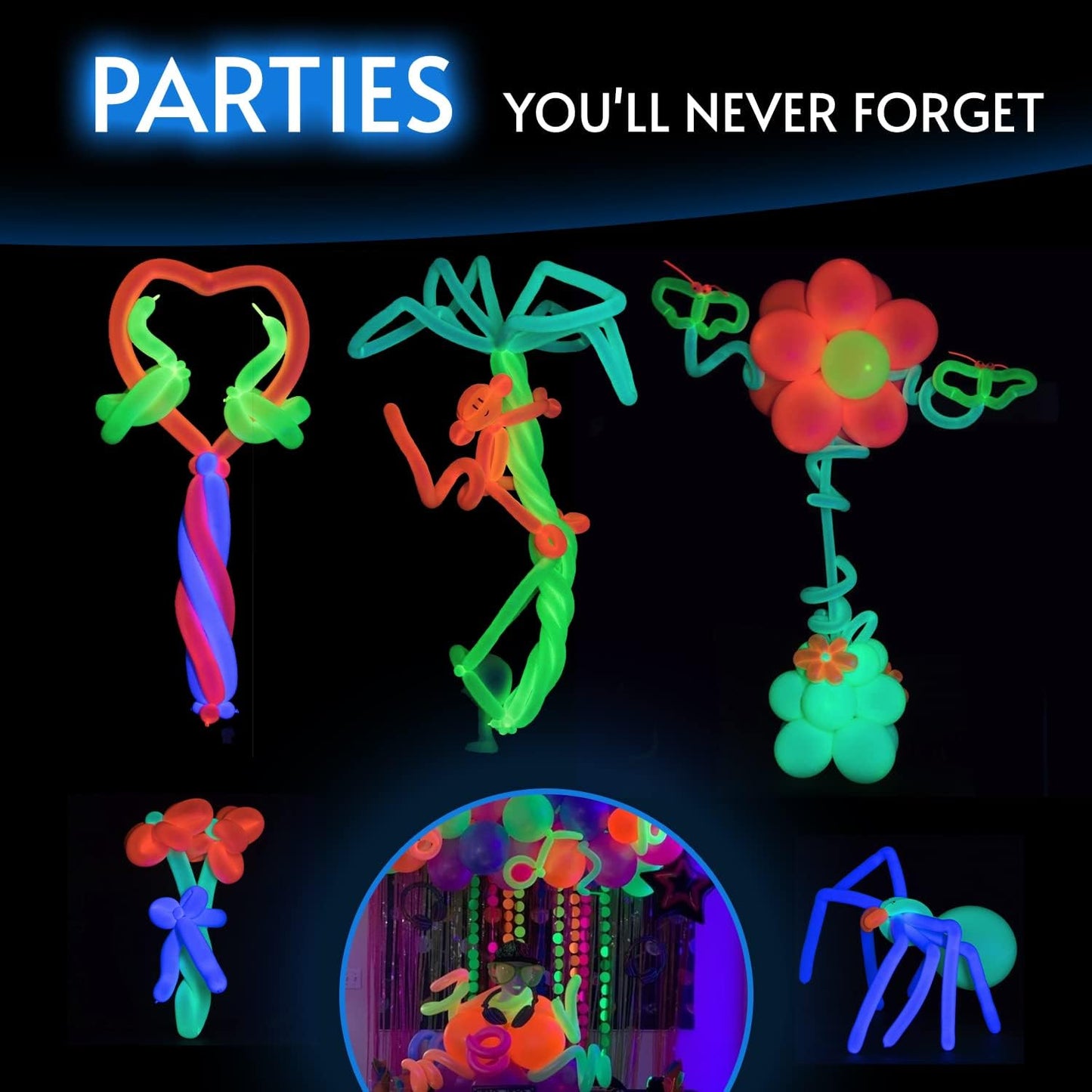 Glow King Neon Tying Balloons - Fluorescent Neon Glow Party Balloons for Tying Balloon Animals - Blacklight Reactive Party Supplies - Neon Party Decorations for Black Light Parties - (75)
