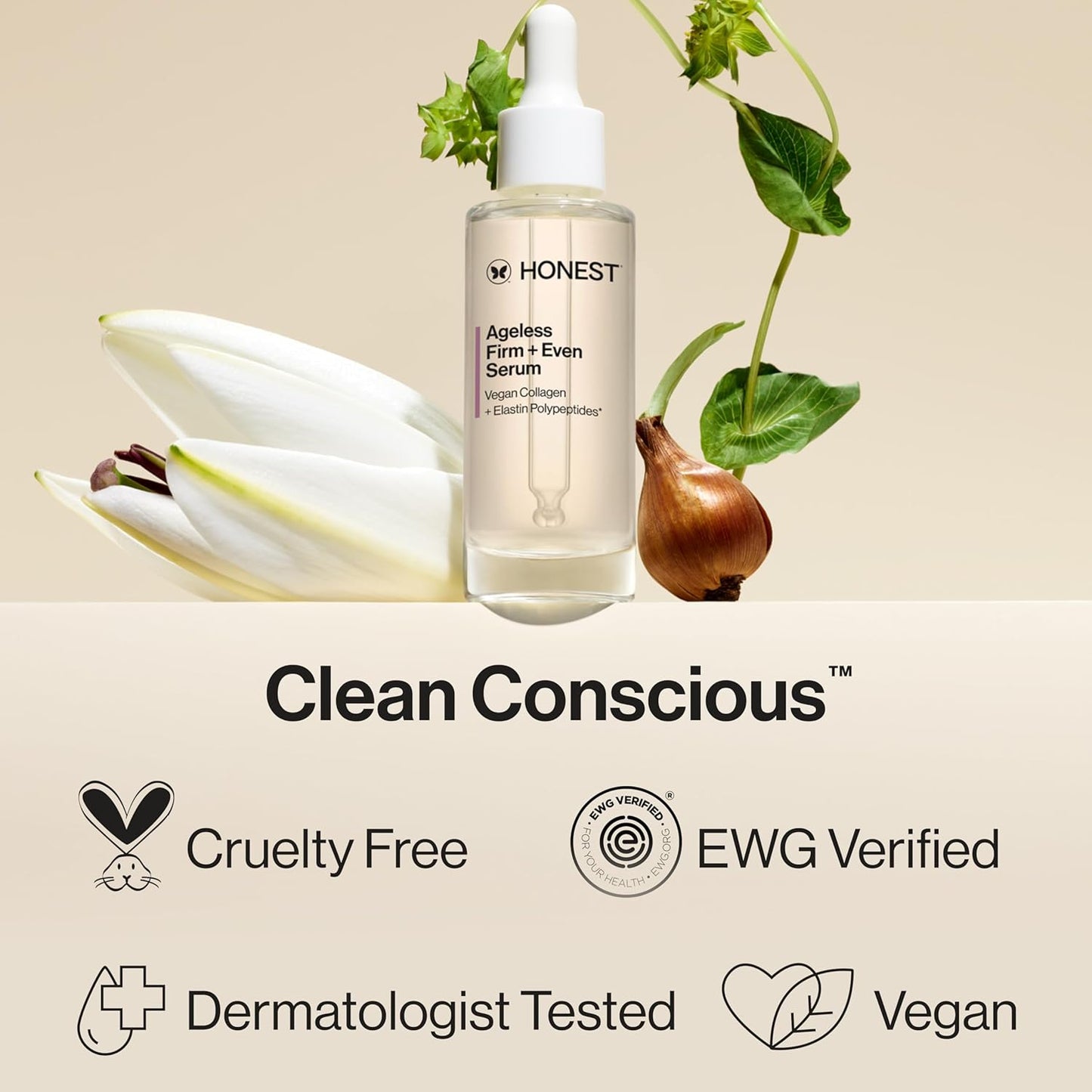 Honest Beauty Ageless Firm and Even Serum, Powered by Vegan Collagen Elastin Polypeptides, Firmer-Looking Skin, Fragrance Free, EWG Verified, Cruelty-Free, 1 fl oz