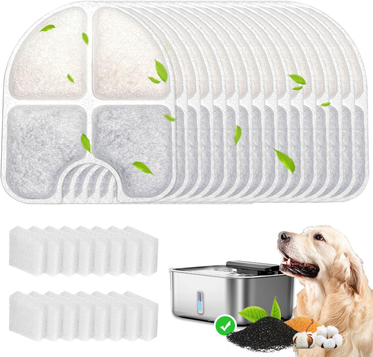 16 Pack Replacement Filters for FEELNEEDY 3Gal/12L Dog Water Dispenser (FN-W13), 8 Month Set for Large Dogs Water Bowl Dispenser, Includes 16 Filters & 16 Sponges