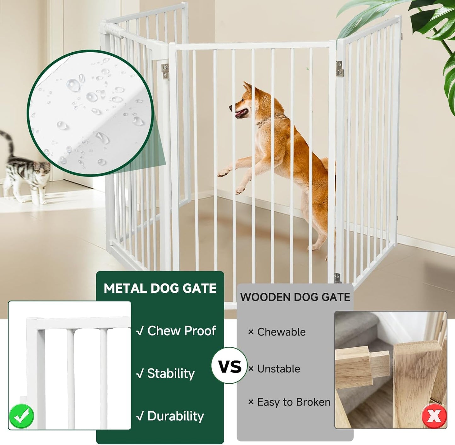 Snagle Paw Metal Freestanding Dog Gate with Door, 80” W x 32” H Dog Fence with Support Feet for Doorways, Stairs and Hallways, Portable Pet Gate for Indoor Use (4 Panel, White)