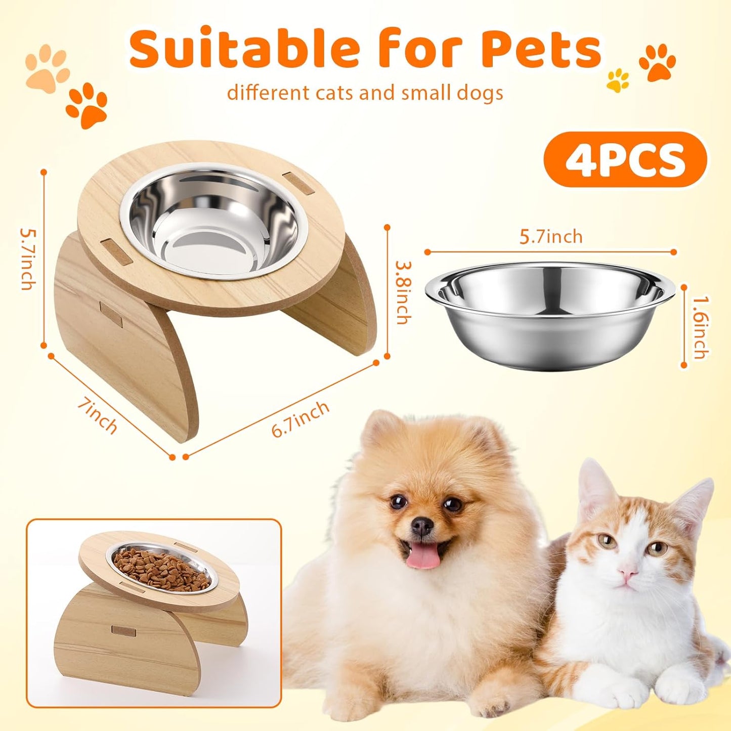 4 Pcs Elevated Stainless Steel Cat Bowls Bamboo Cats Feeding Station Stand, 15°Tilted 5.7 Inches Shallow Wide Raised Metal Cat Bowls for Pet Water Food Shelf Dishes for Indoor Cats Puppy
