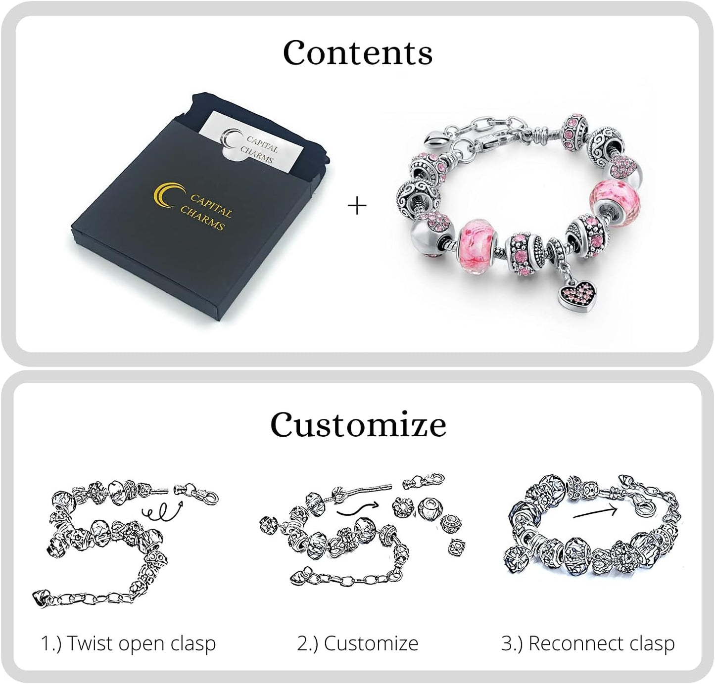 Capital Charms Pink Hearts Silver Plated Charm Bracelet Set, Jewelry Gifts with Beads, Charms, and Adjustable Snake Chain, Fits 7.5"+1.5"
