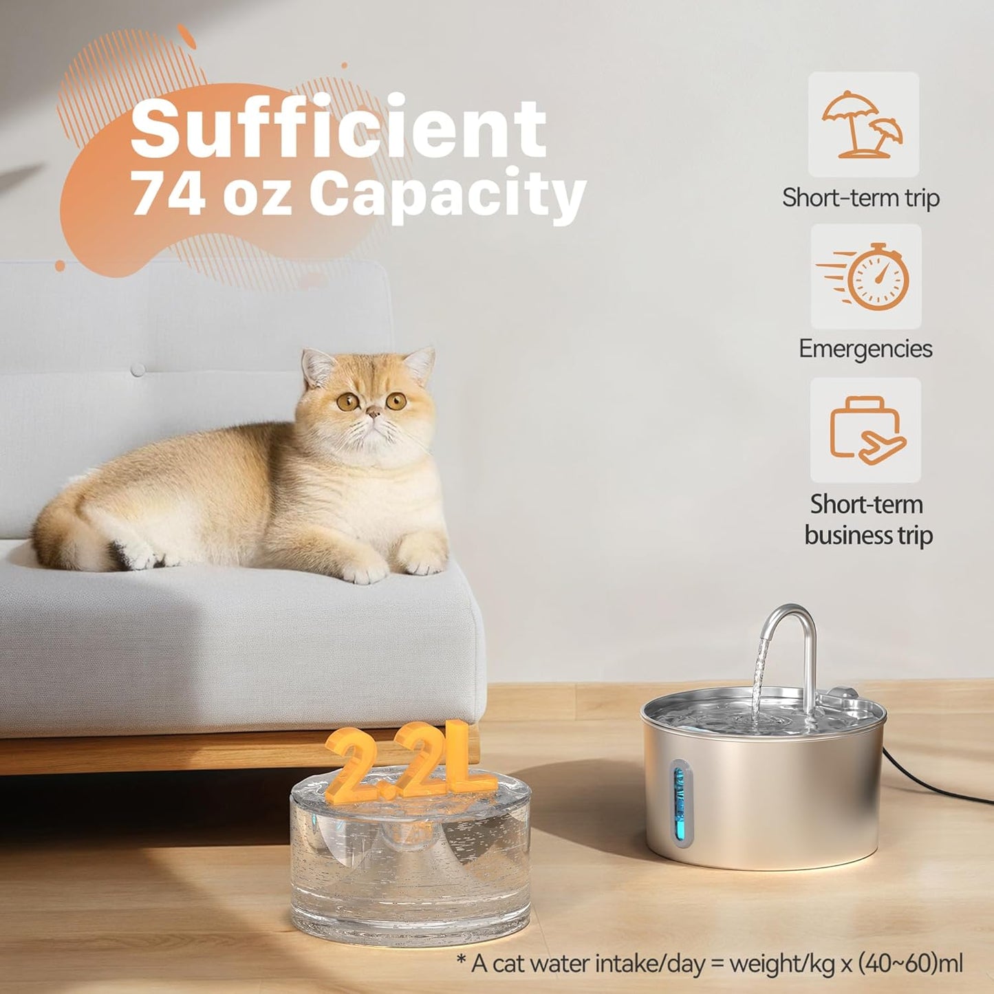 Cat Water Fountain Stainless Steel: 2.2 L Cat Fountain for Drinking - Automatic Pet Water Fountain for Cats Inside - Metal Cat Dog Water Dispenser Bowl with Faucet Water Level Window Ultra Quiet Pump