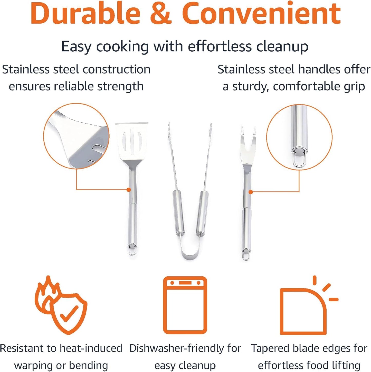 Amazon Basics 4-Piece Stainless Steel BBQ Grilling Tool Set with Carry Bag, Rust-Resistant, Dishwasher Safe