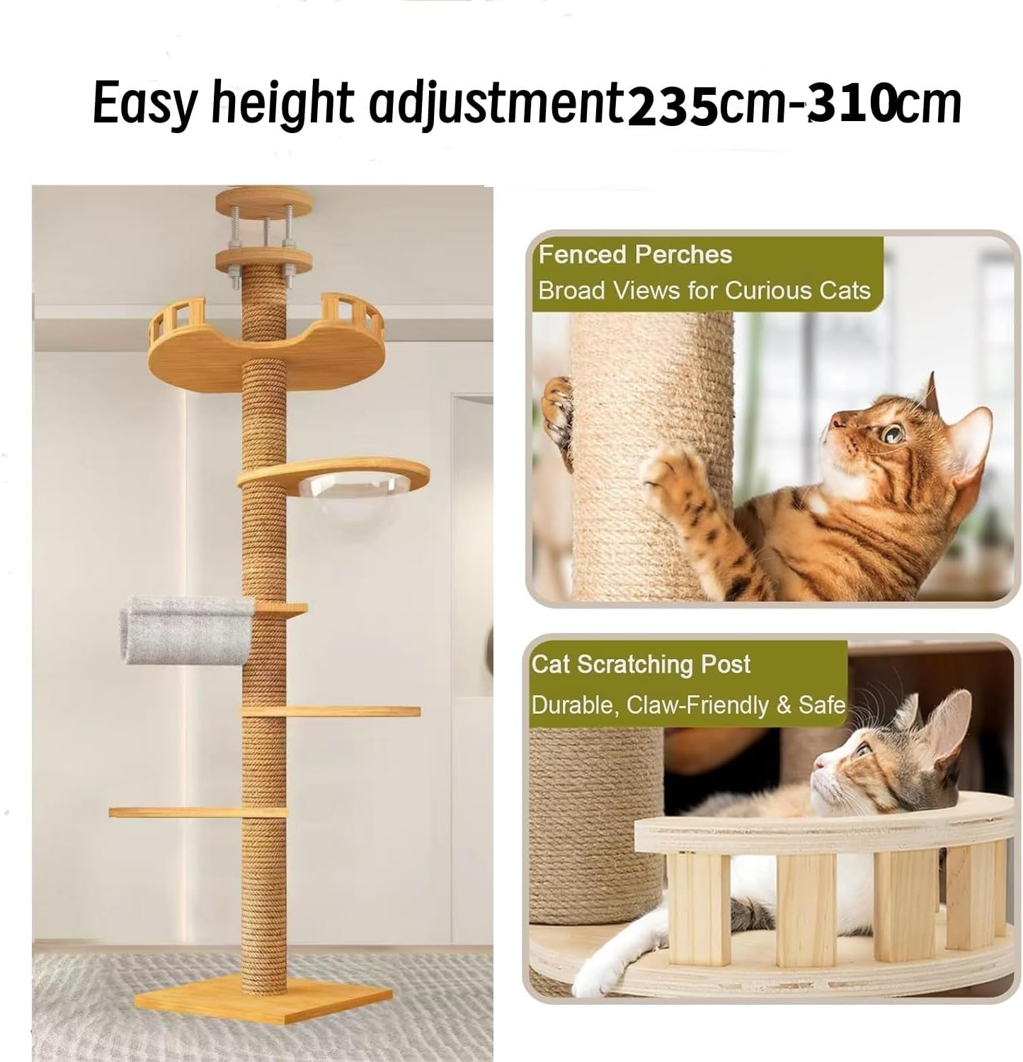 Sturdy Floor-to-Ceiling Cat Tree | Solid Real Wood 55-122'' Height Adjustable Drill-Free Tower | Ideal for Multi-Cat Households & Large Breeds with Extra-Thick 4.3" Solid Wooden Posts