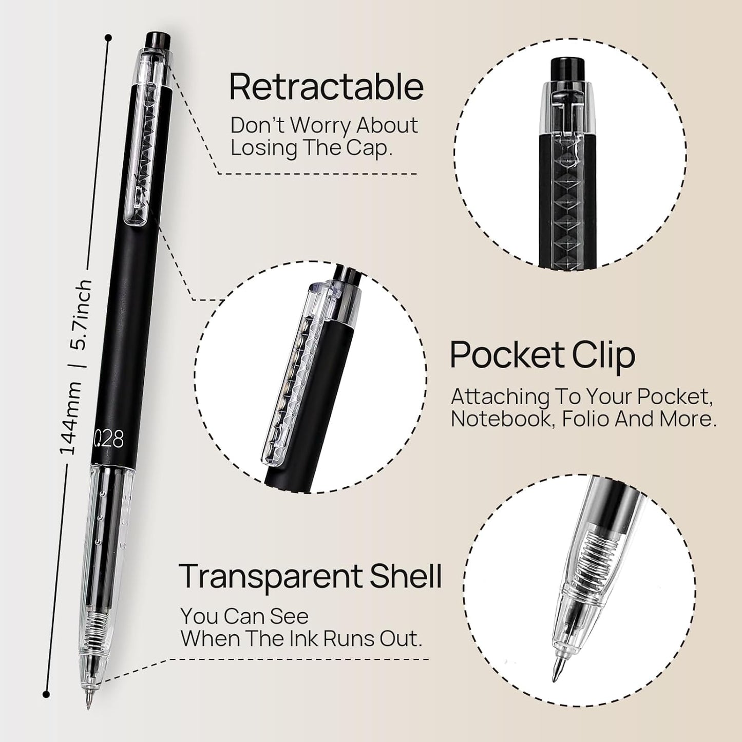 Retractable Gel Roller Pens, Japanese Style, 0.28mm Ultra Fine Point, Quick Dry Black Gel Ink, Precise and smooth writing, 8-Count Pack
