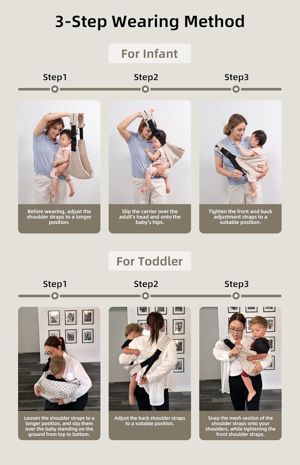 Baby Sling Carrier for Toddler, Houndstooth Baby Carrier Sling, Premium Cotton Linen Adjustable in Both Front and Back Shoulder Strap, Portable and Lightweight Toddler Carrier