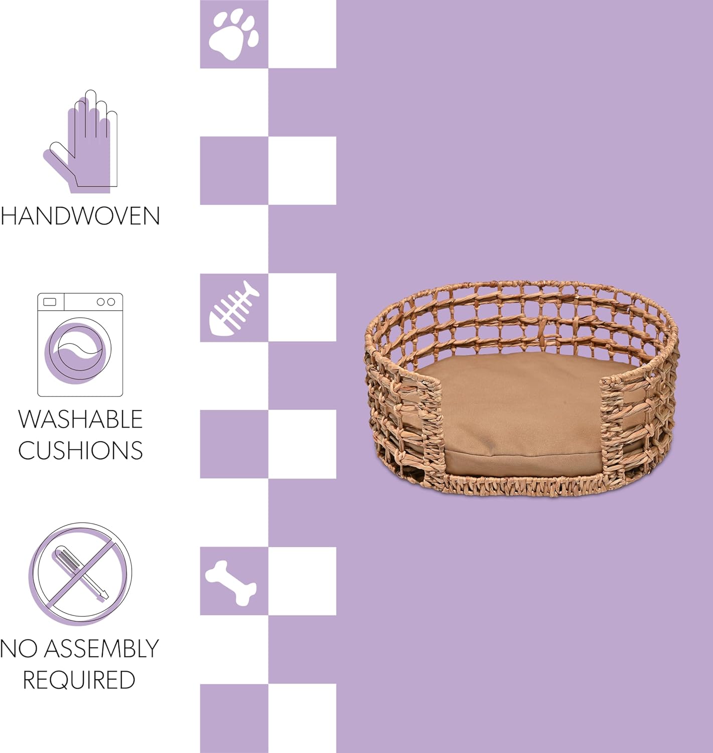 DBD4000A Gigi 24" x 18" Modern Bohemian Handwoven Hyacinth Open-Weave Oval Pet Bed with Machine-Washable Cushion, Natural