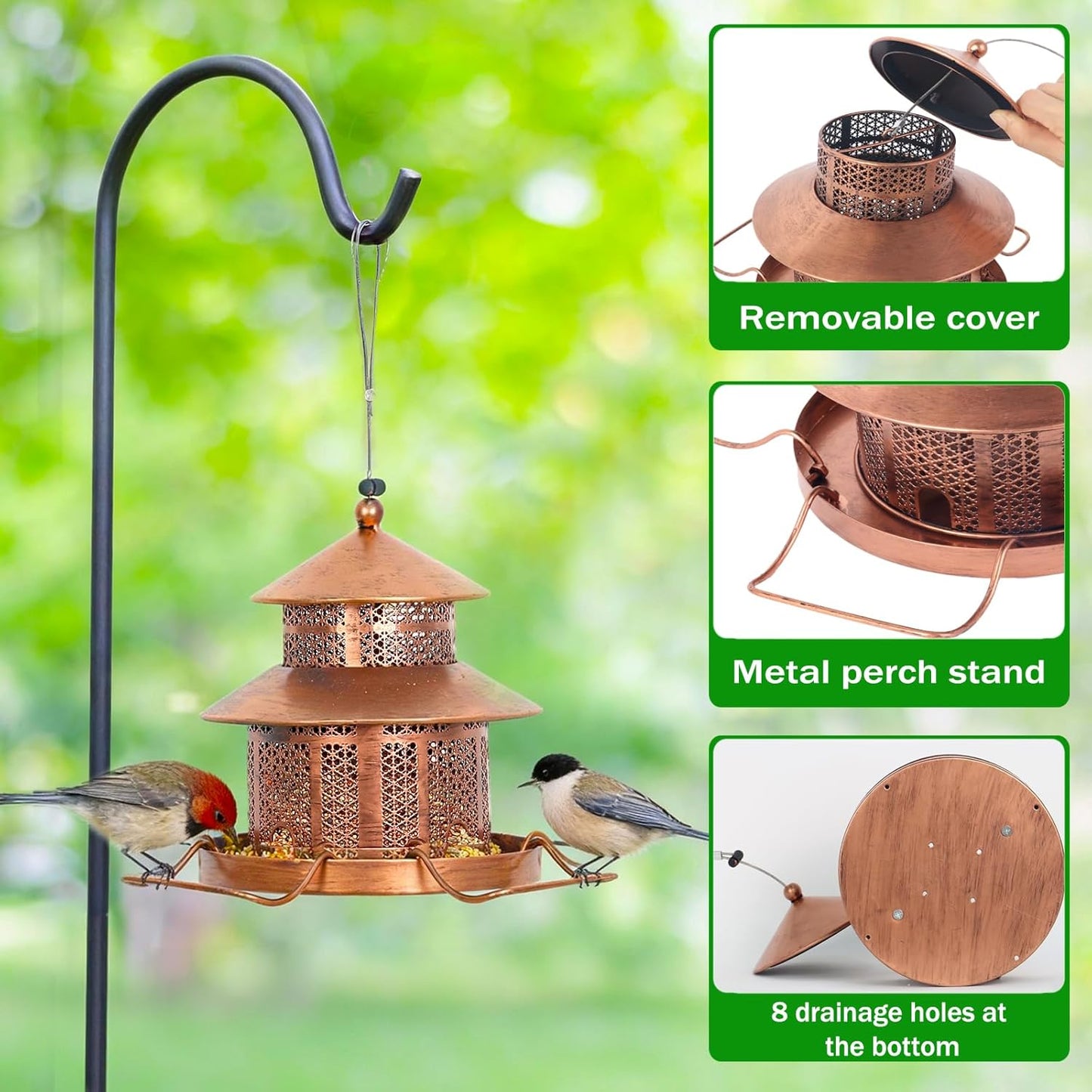Bird Feeder for Outdoors Hanging, 1.5LB Capacity with 4 Perches, Heavy Duty Metal Wild Bird Feeders for Garden, Yard, Balcony,Easy to Clean and Refill,Vintage Copper
