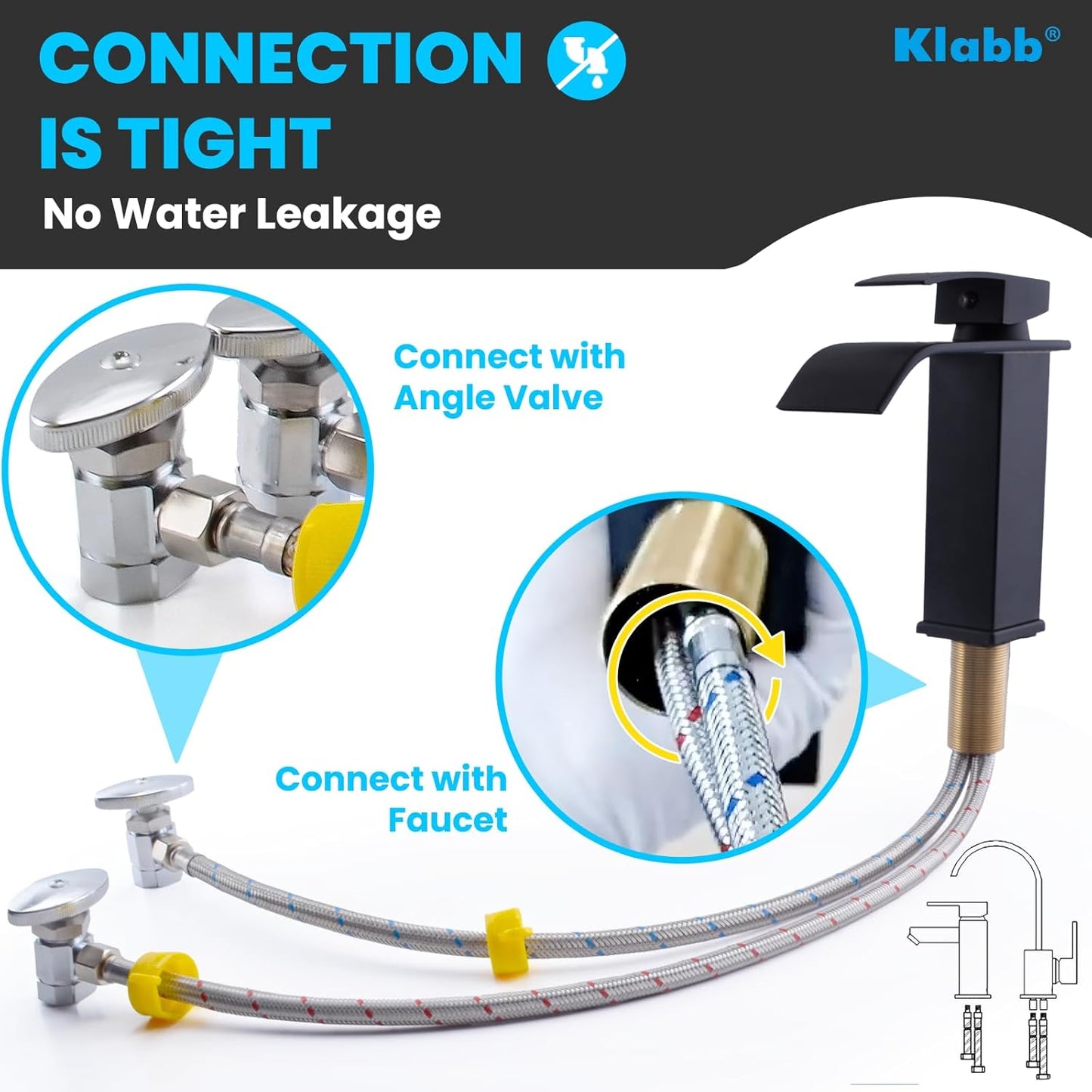 Klabb 32-Inch Stainless Steel Braided Faucet Supply Line, 3/8" Compression Inlet with 1/2" Adapter and M10 Faucet Connection for Bathroom & Kitchen Sinks
