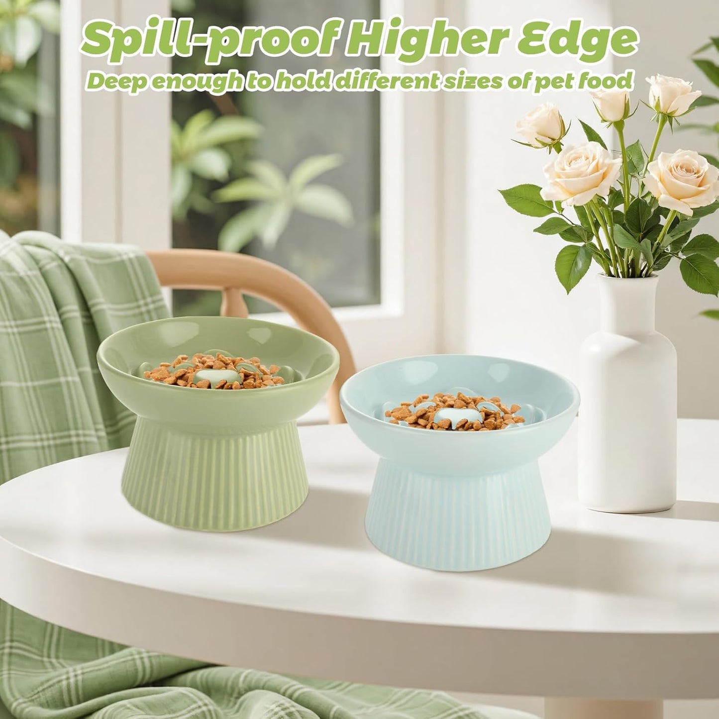 2 Pack Raised Cat Slow Feeder, Elevated Slow Feed Dish for Cats and Small Dogs, Ceramic Slow Feeder Cat Bowl, No Spill High Edge for Dry/Wet Food(Blue, Green)