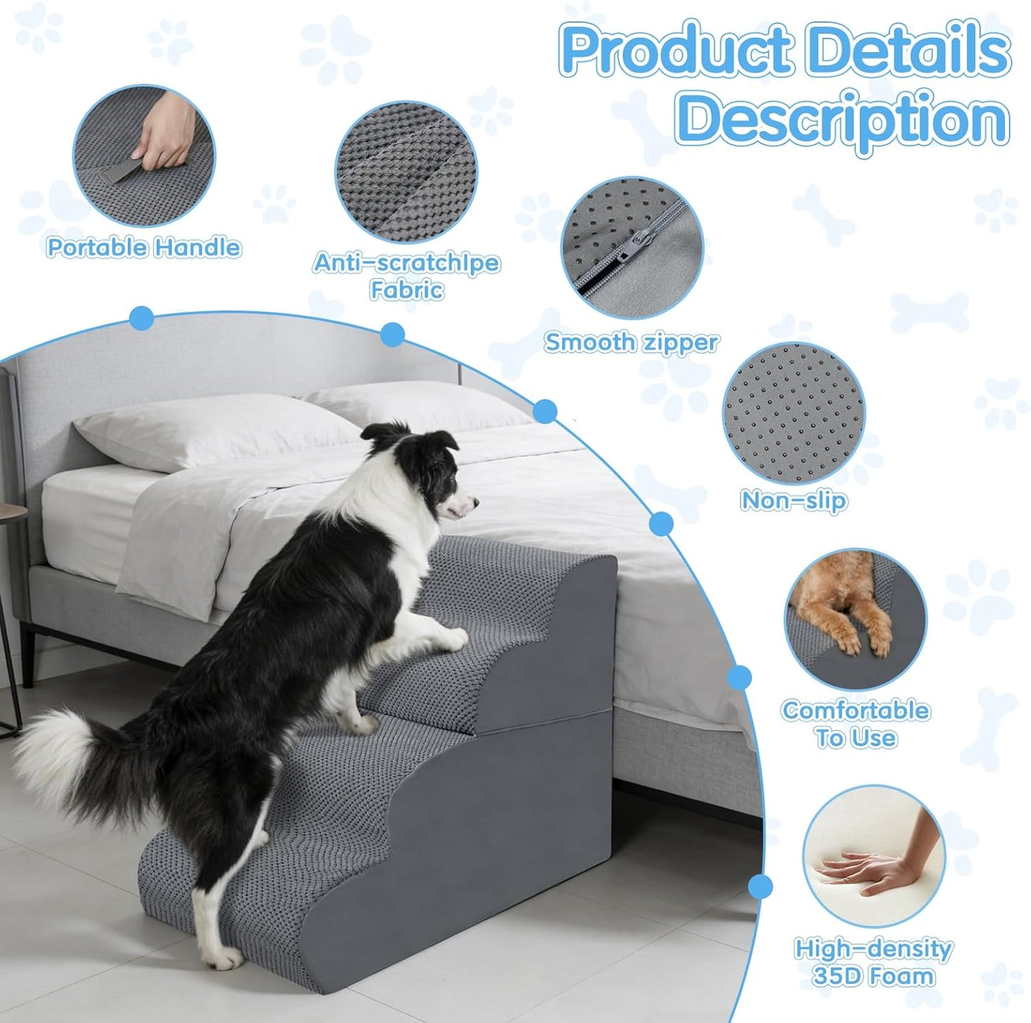Dog Stairs for Small Dogs, 2-Steps Dog Ramp for Couch, Pet Stairs with Highly Supportive Foam and Non-Slip Bottom, Pet Steps for Cat & Doggie (High 11.8Inch)