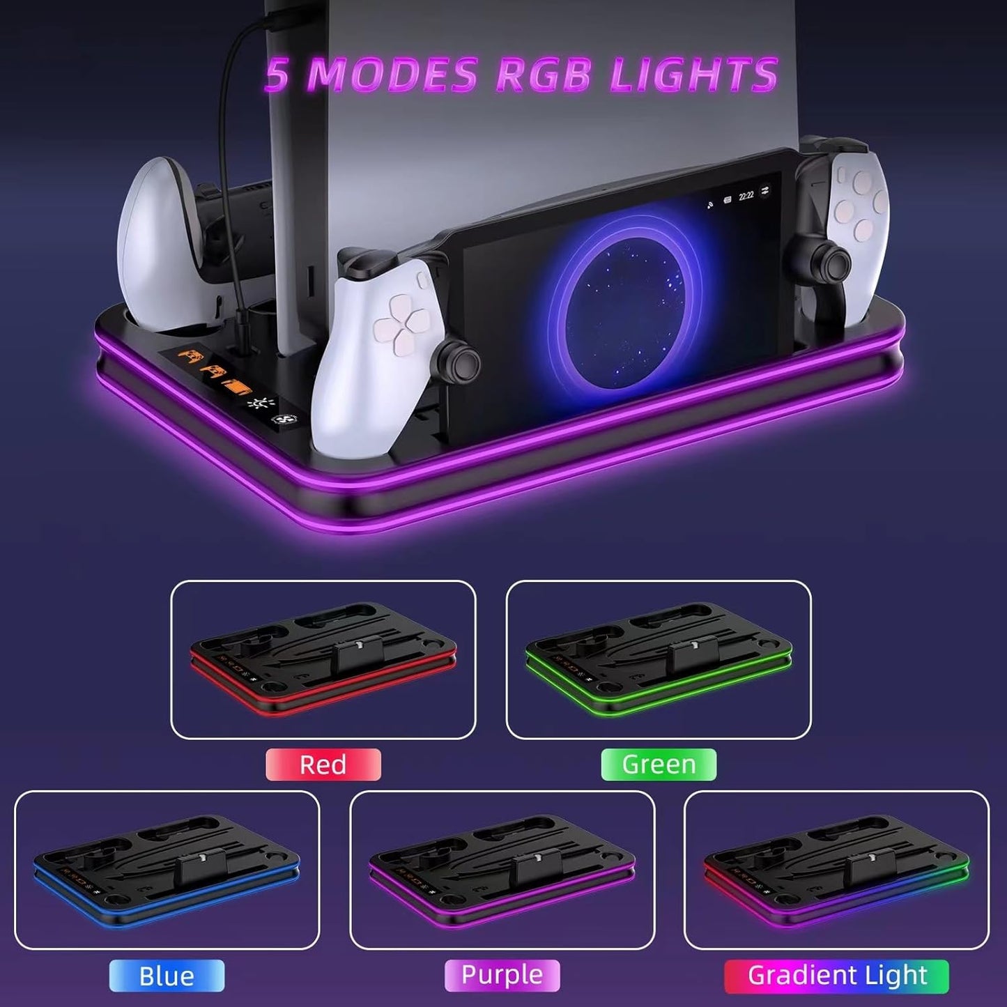 PlayStation Portal Charger, PS5 Stand and Cooling Station with RGB LED Controller Charging Dock Accessories, PS5 Edge Controller and PS Portal Charger, Headset and Remote Holders
