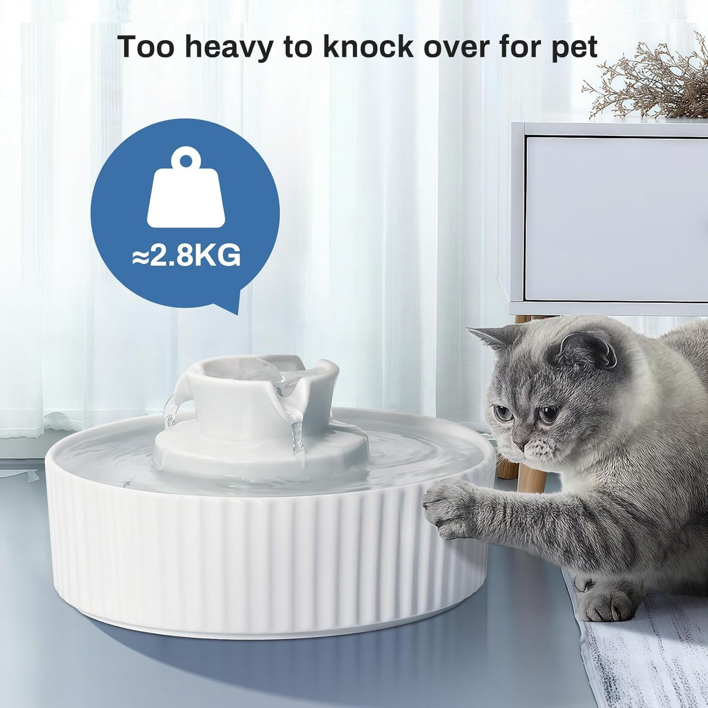 2.1L Ceramic Cat Water Fountain-for Cats and Dogs, 360 Ceramic Pet Fountain-70 Oz Large Water Capacity - Whisper-Quiet Water Flow-Great for Shy or Timid Pets - Fresh, Filtered Water（White）