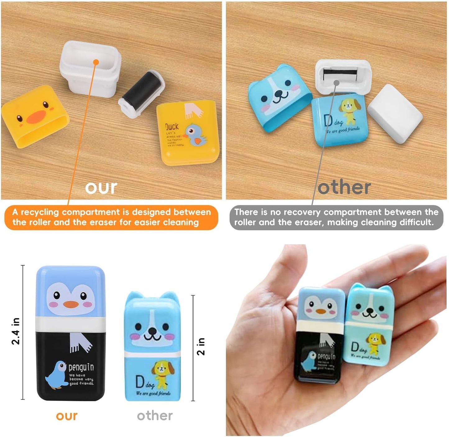 12Pack of Pencil Erasers,Pencil Eraser Shaving Roller Case for Easy Pick Up and Removal | Animal Themed Cute and Fun Party Favor and School Supplies for Kids,Back to School Gift