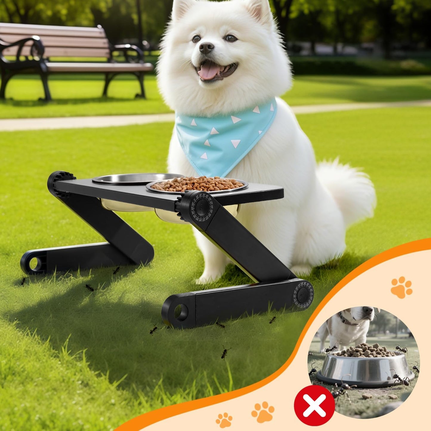 Adjustable Height & Angle Elevated Cat Bowls and Small Raised Dog Bowl with 2 Removable Stainless Steel Bowls - Foldable Raised Feeding Station 15°Tilted Raised for Neck Relief(16.7" x 9"